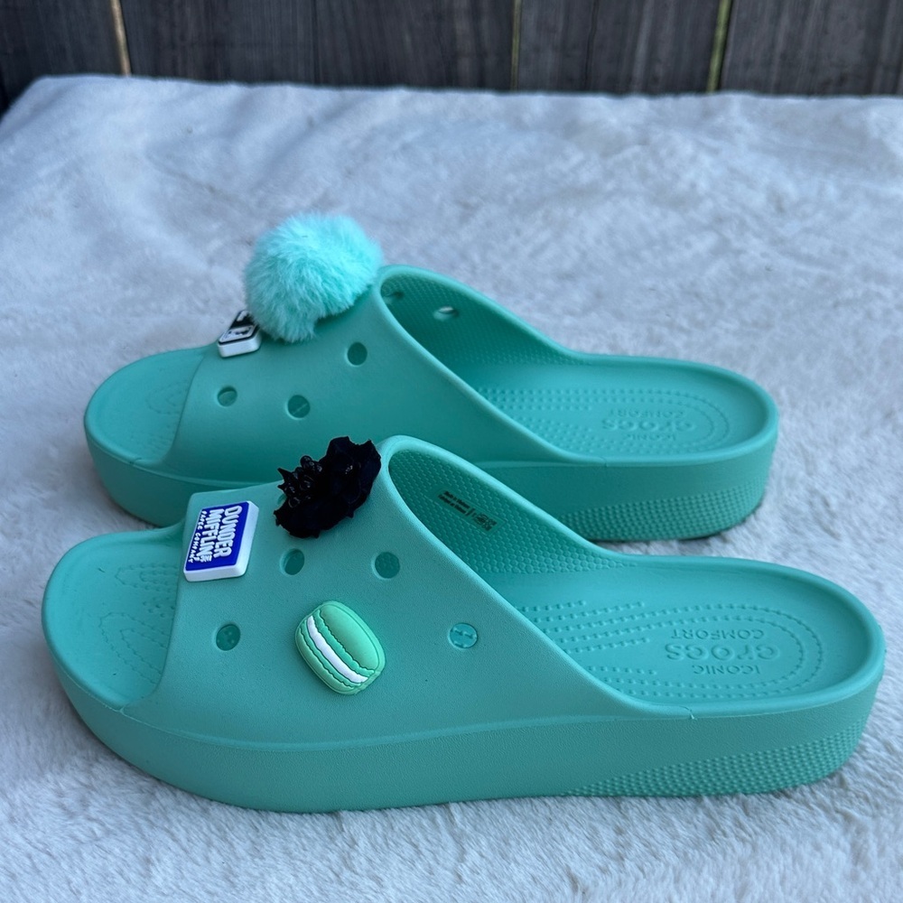 CROCS With Office Jibbitz (charms) Mint Green Slide Sandals Size 10